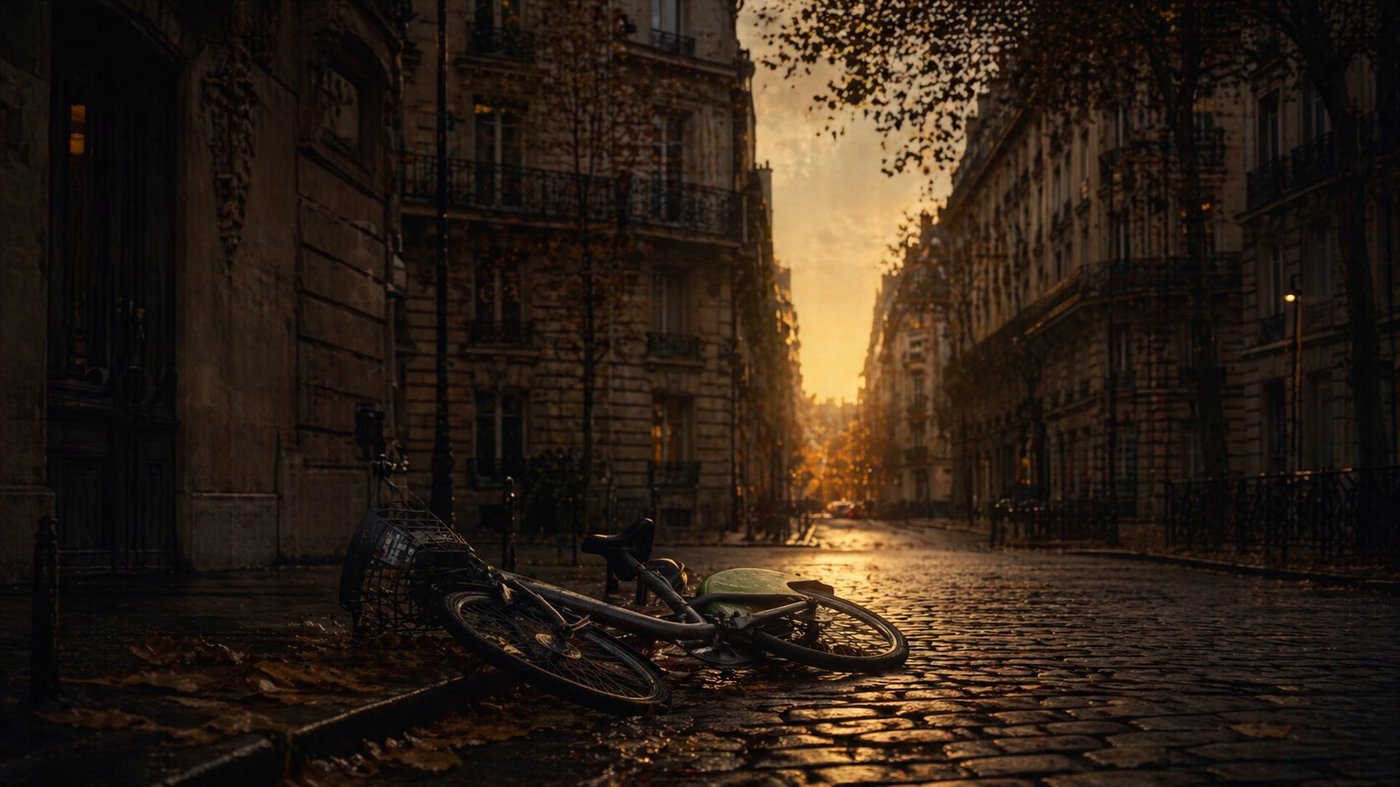 Calle de París al amanecer con una bicicleta caída sobre los adoquines mojados, octubre de 2021